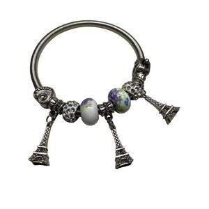 Bracelet Silver Tone Eiffel Tower glass Beads Rhinestone Rounds Charms